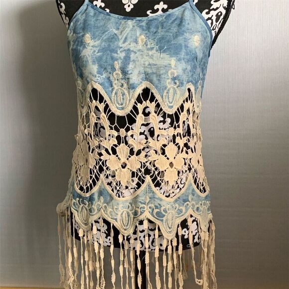 May &‎ July Women's Blue Tie-Dye Crochet Lace Blouse Size M - Picture 2 of 11
